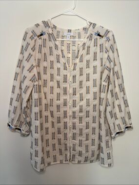 purejill Lightweight Button-Front Women's Shirt in Cream with Blue & Brown Motif